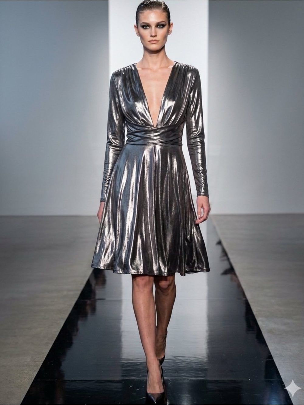 Halston Heritage Gunmetal Liquid Metallic Jersey V-Neck Draped Waist Dress M